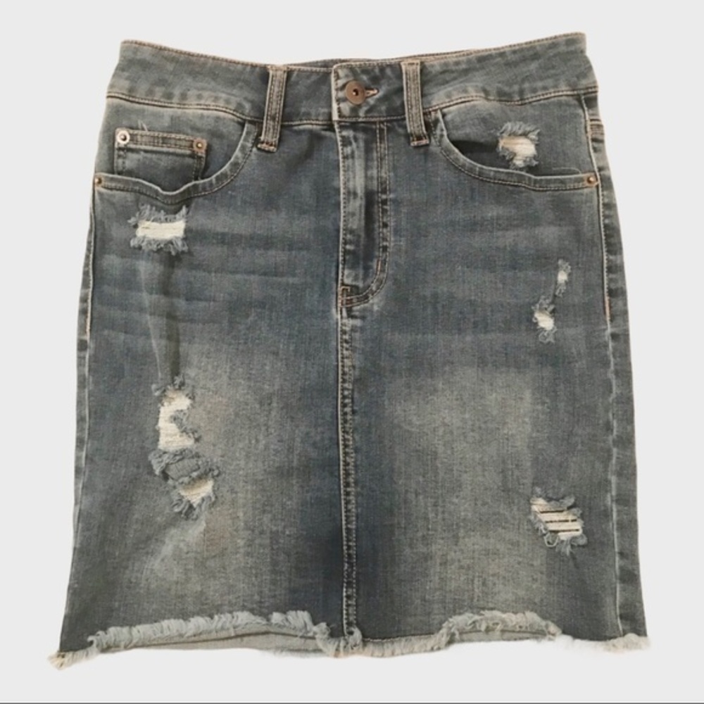 Wild Pearl light washed raw hem fringes distressed denim skirt size 27